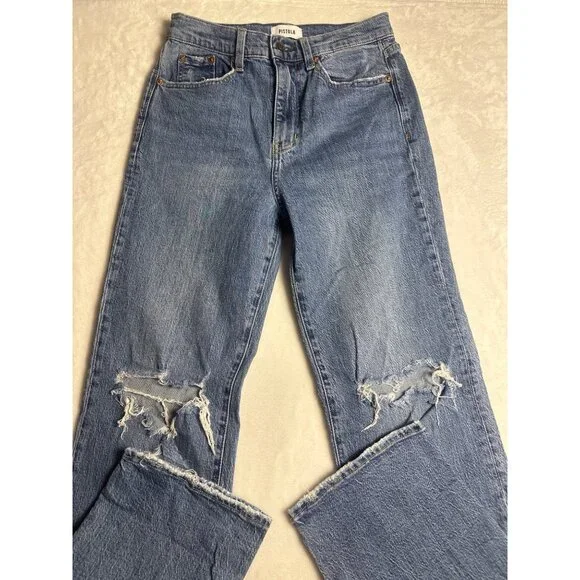 Pistola Distressed Blue Denim Jeans High rise Sz 26 Ripped knee Straight Leg - Picture 7 of 10